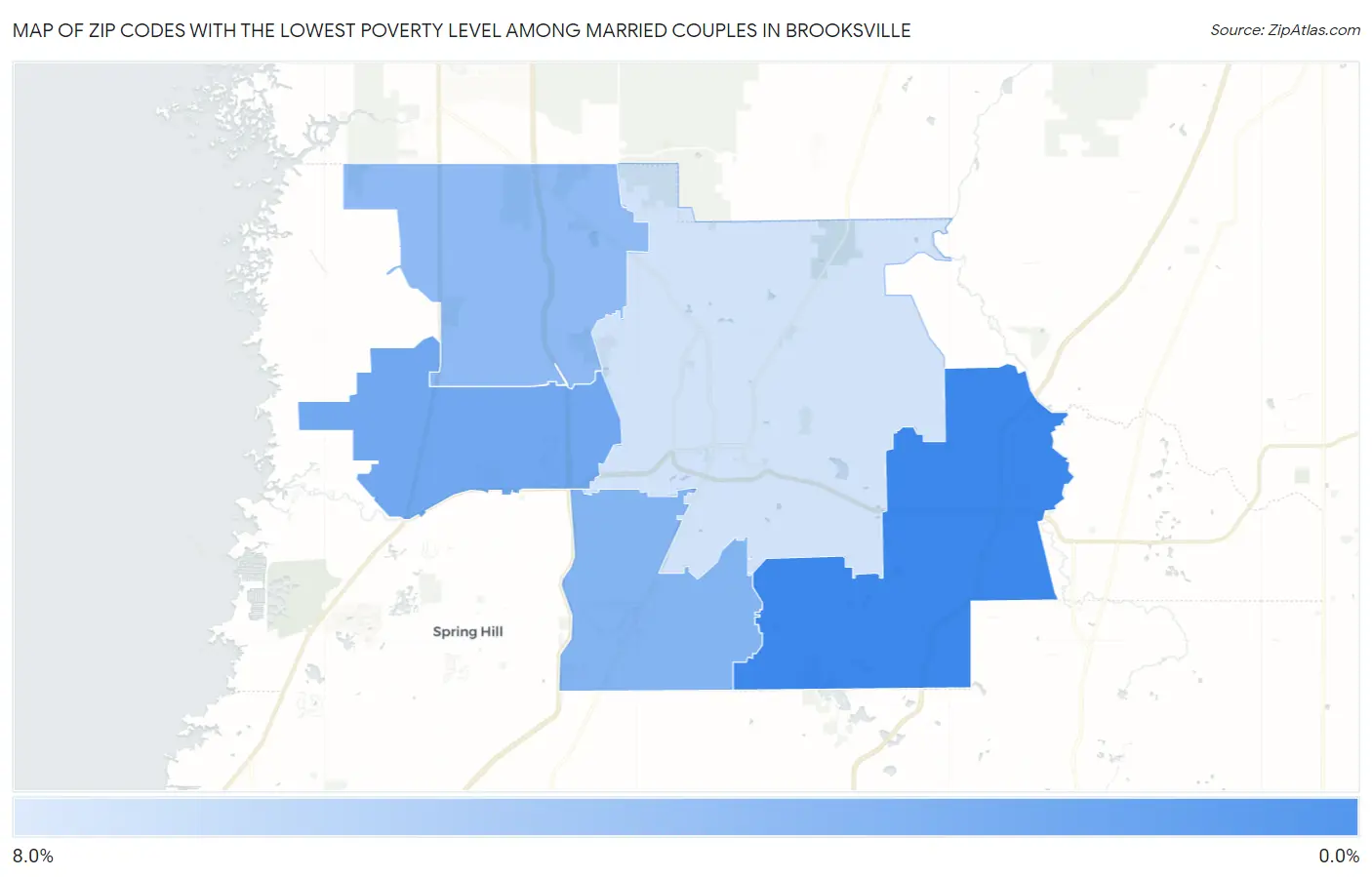 Zip Codes with the Lowest Poverty Level Among Married Couples in Brooksville Map