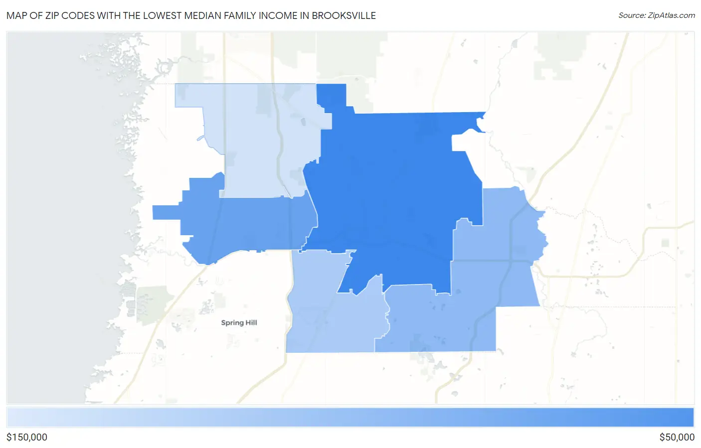 Zip Codes with the Lowest Median Family Income in Brooksville Map