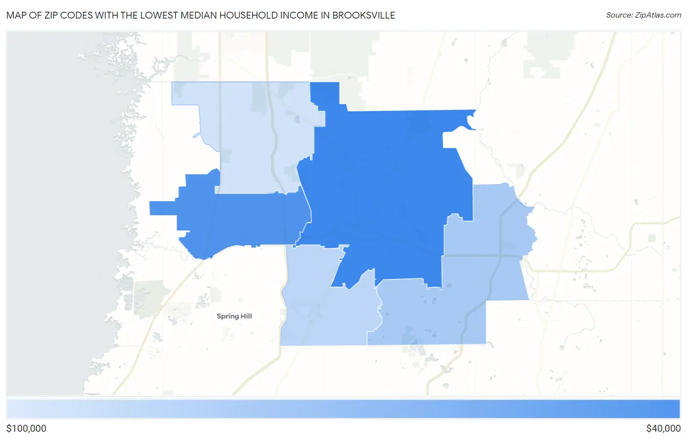 Zip Codes with the Lowest Median Household Income in Brooksville Map