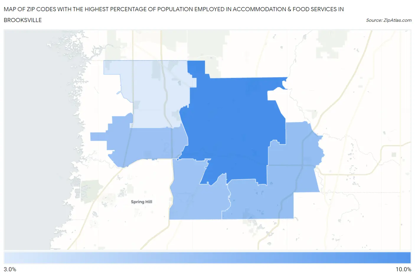 Zip Codes with the Highest Percentage of Population Employed in Accommodation & Food Services in Brooksville Map