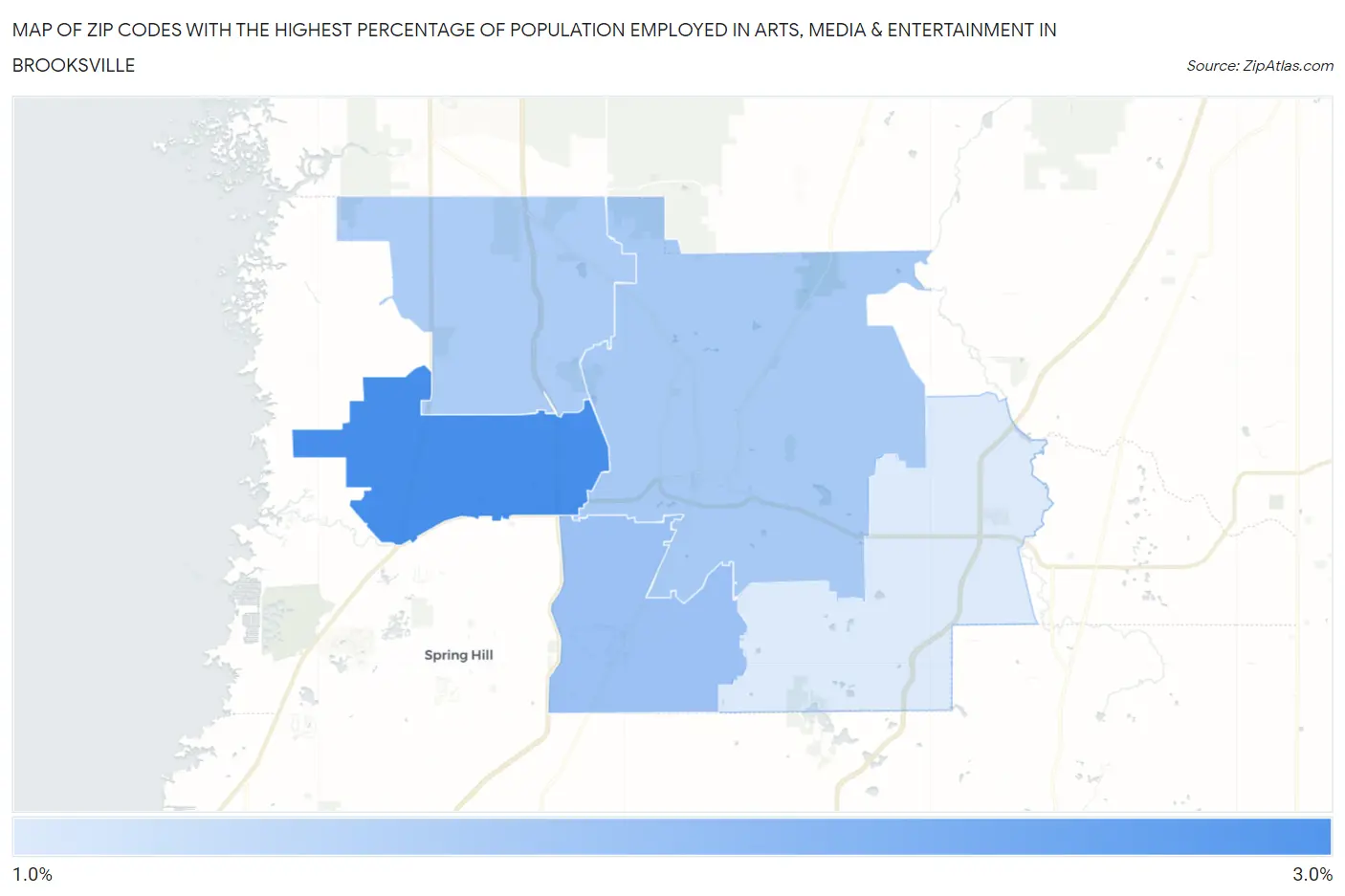 Zip Codes with the Highest Percentage of Population Employed in Arts, Media & Entertainment in Brooksville Map