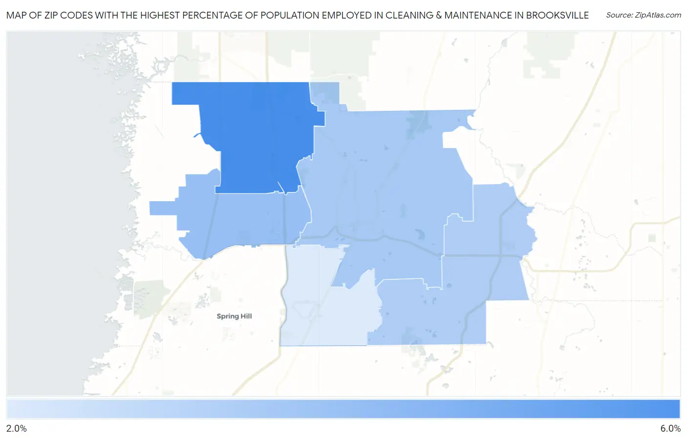 Zip Codes with the Highest Percentage of Population Employed in Cleaning & Maintenance in Brooksville Map