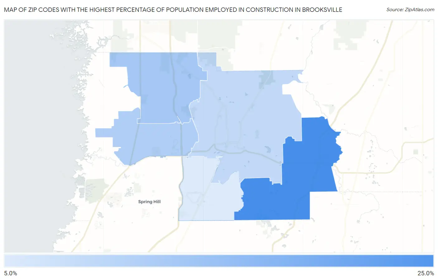 Zip Codes with the Highest Percentage of Population Employed in Construction in Brooksville Map