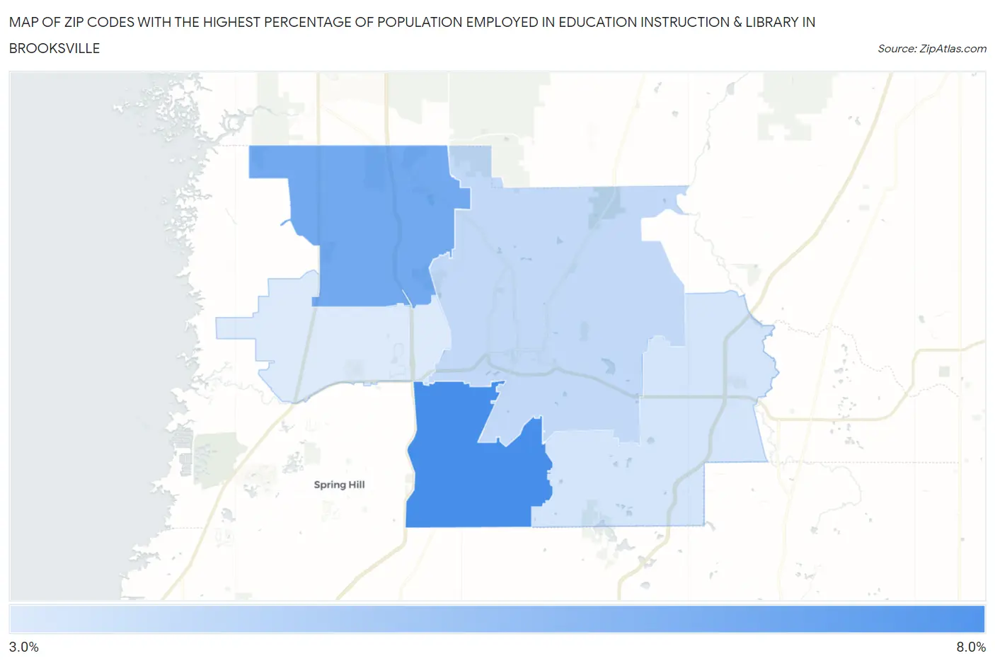 Zip Codes with the Highest Percentage of Population Employed in Education Instruction & Library in Brooksville Map