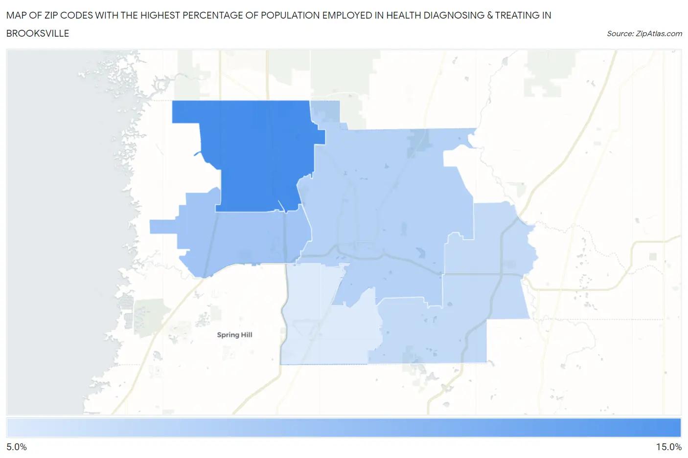 Zip Codes with the Highest Percentage of Population Employed in Health Diagnosing & Treating in Brooksville Map