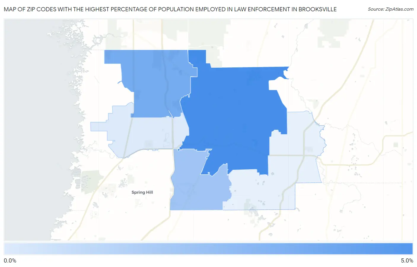 Zip Codes with the Highest Percentage of Population Employed in Law Enforcement in Brooksville Map