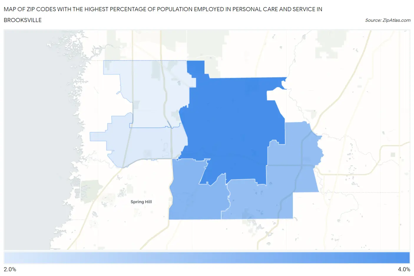 Zip Codes with the Highest Percentage of Population Employed in Personal Care and Service in Brooksville Map