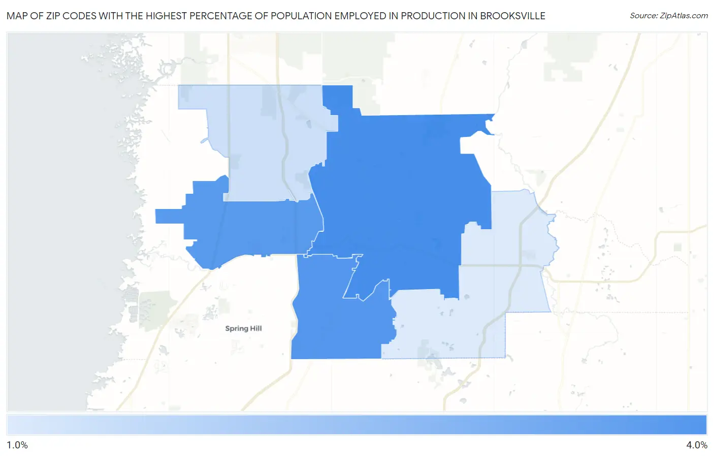 Zip Codes with the Highest Percentage of Population Employed in Production in Brooksville Map