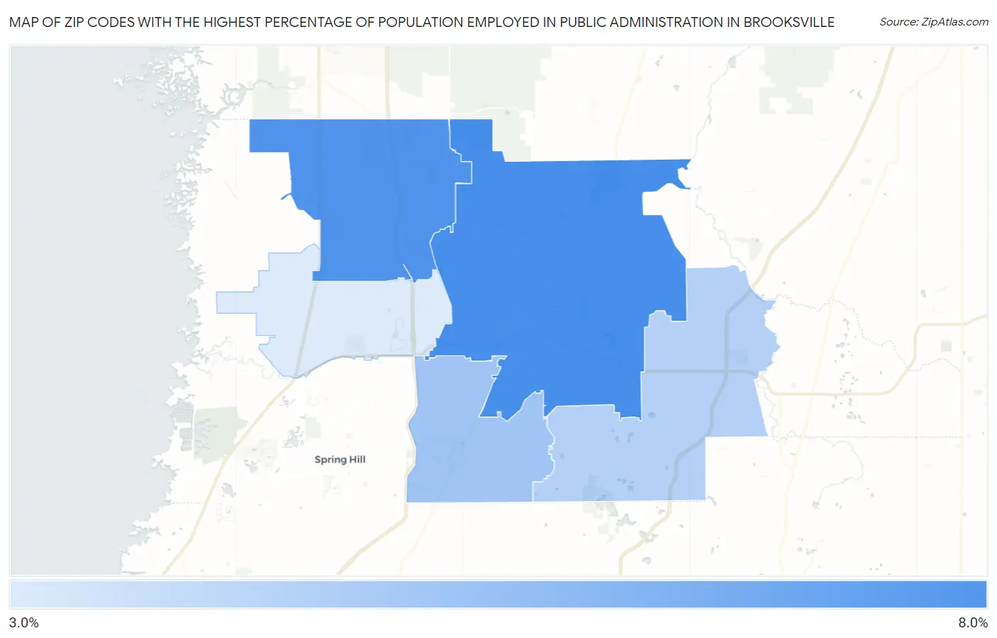 Zip Codes with the Highest Percentage of Population Employed in Public Administration in Brooksville Map