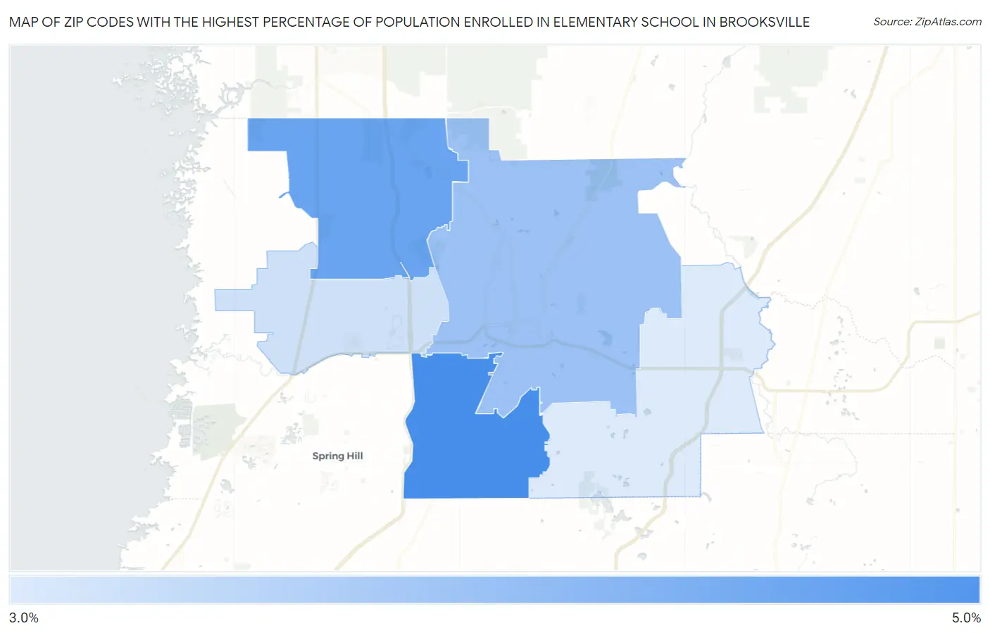 Zip Codes with the Highest Percentage of Population Enrolled in Elementary School in Brooksville Map