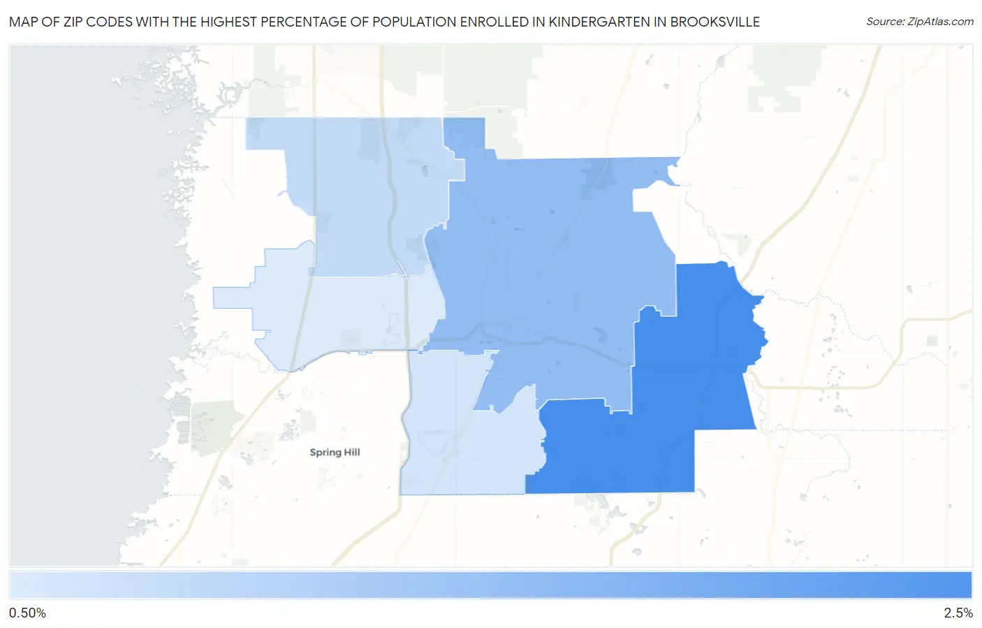 Zip Codes with the Highest Percentage of Population Enrolled in Kindergarten in Brooksville Map