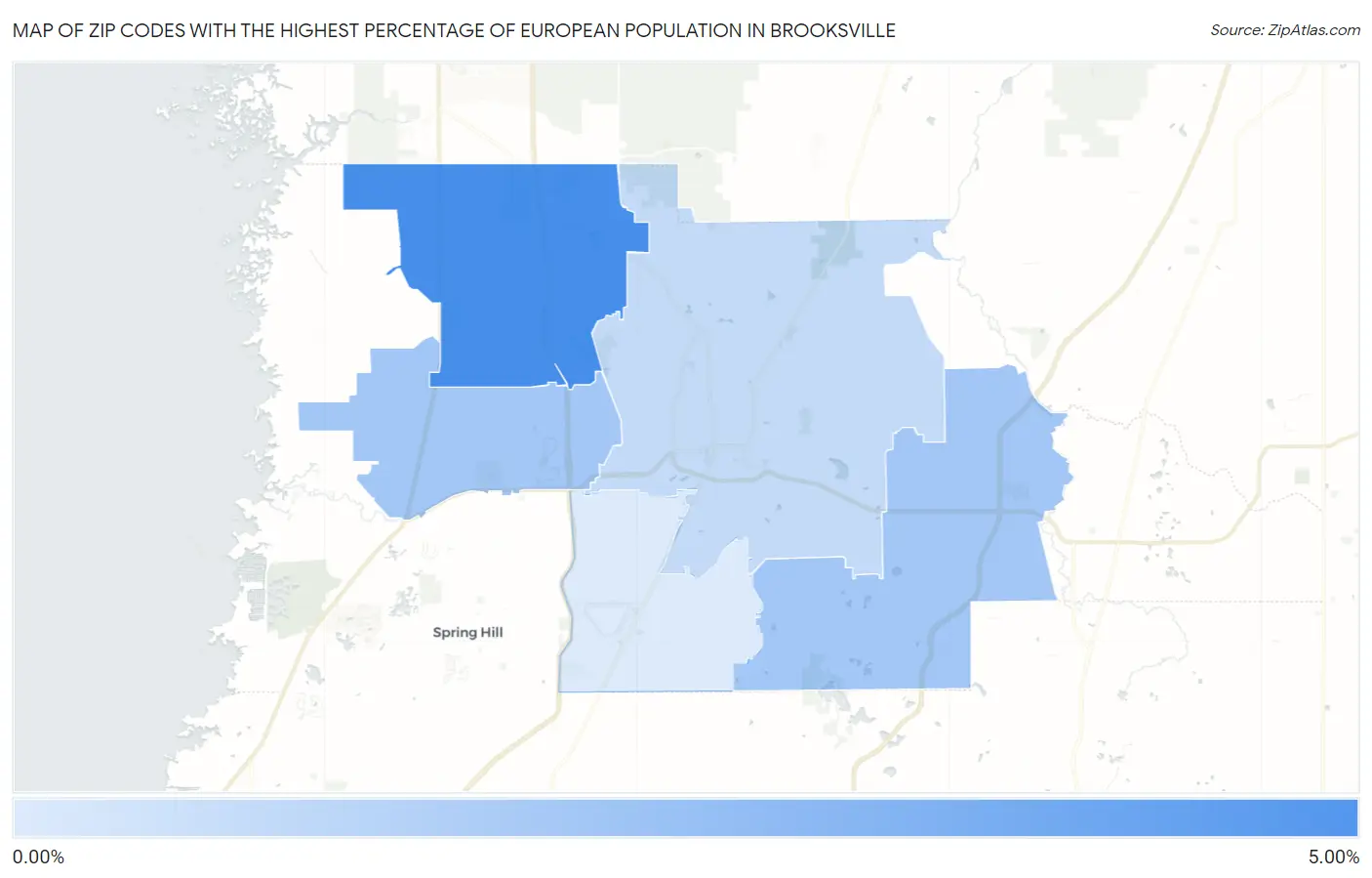 Zip Codes with the Highest Percentage of European Population in Brooksville Map