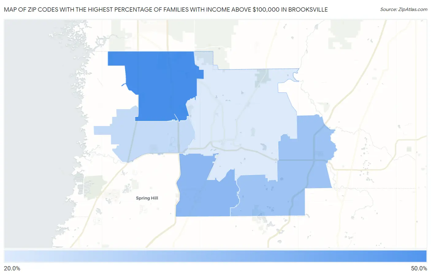Zip Codes with the Highest Percentage of Families with Income Above $100,000 in Brooksville Map