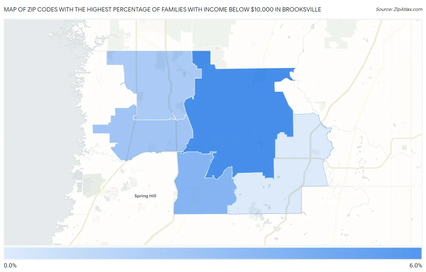 Zip Codes with the Highest Percentage of Families with Income Below $10,000 in Brooksville Map