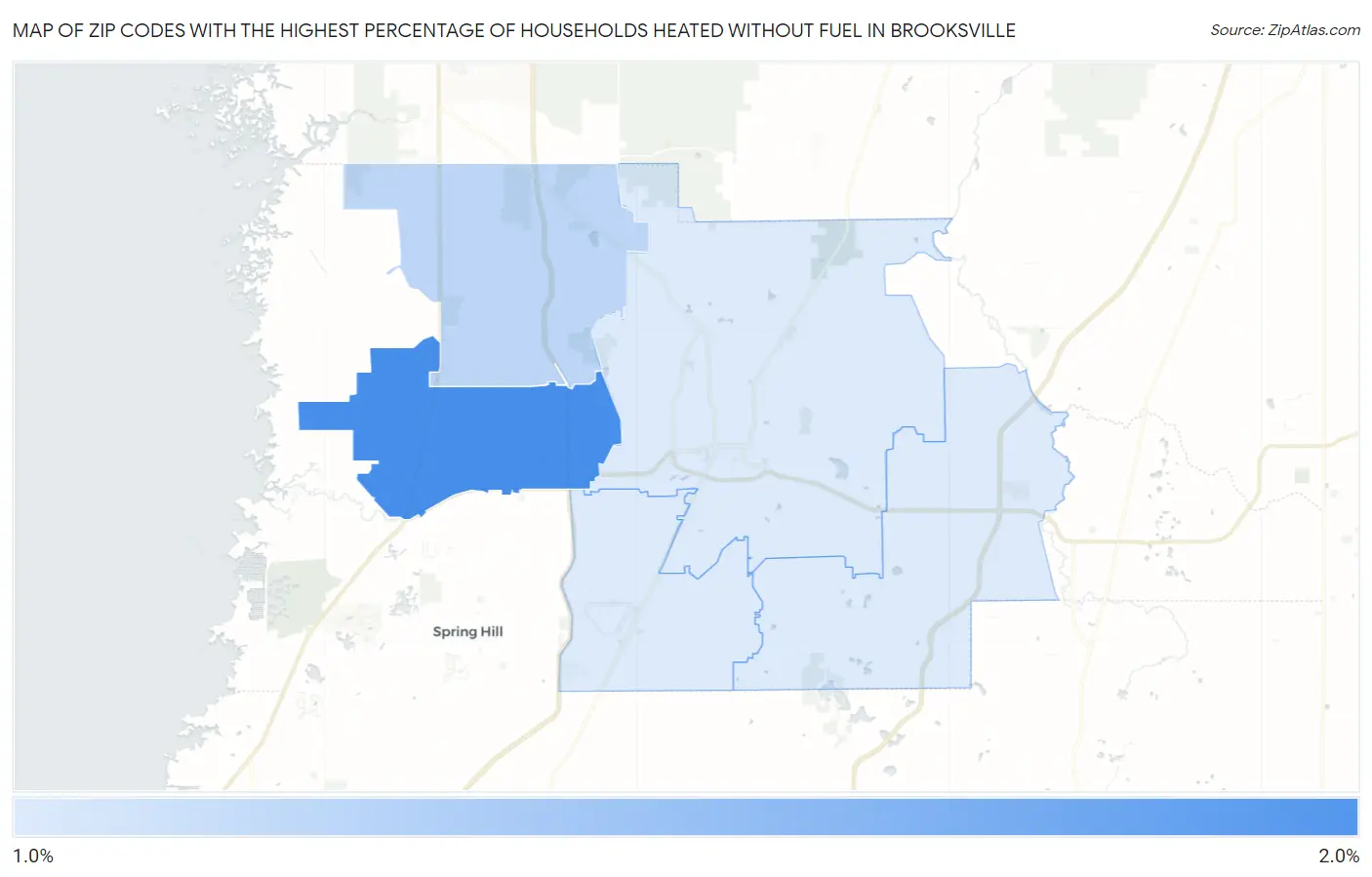 Zip Codes with the Highest Percentage of Households Heated without Fuel in Brooksville Map