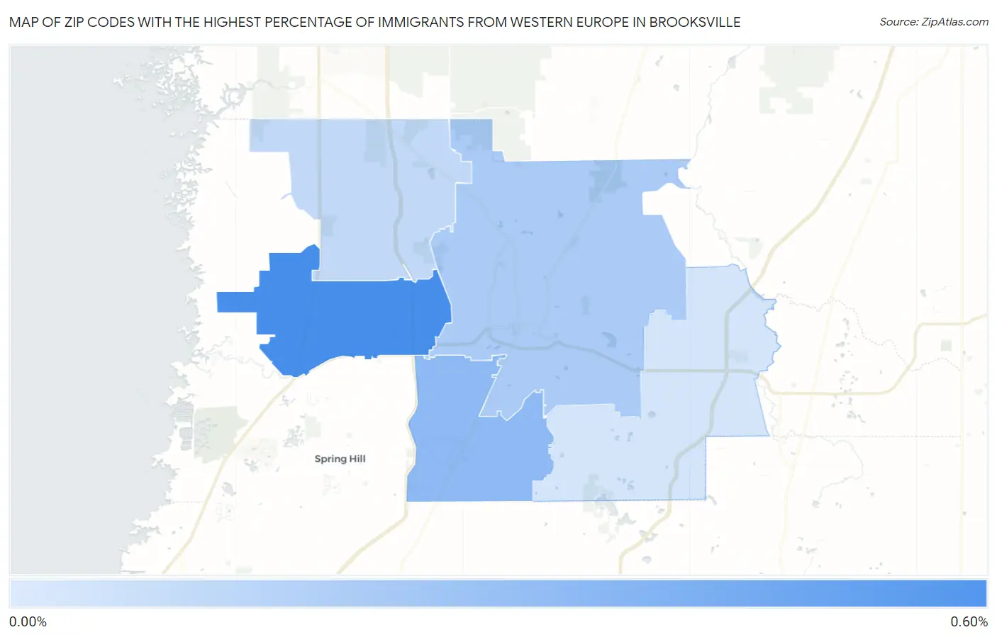 Zip Codes with the Highest Percentage of Immigrants from Western Europe in Brooksville Map