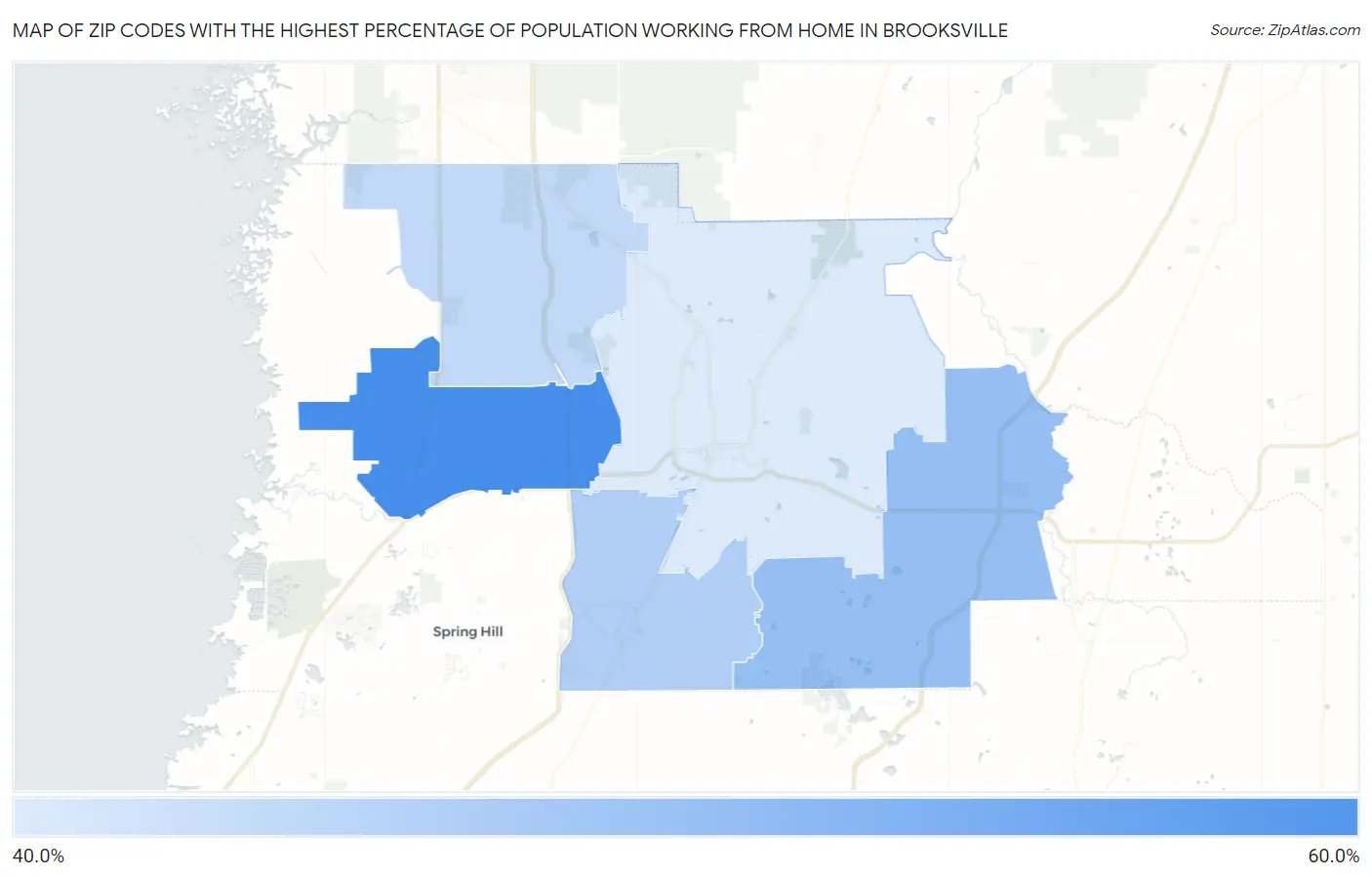 Zip Codes with the Highest Percentage of Population Working from Home in Brooksville Map