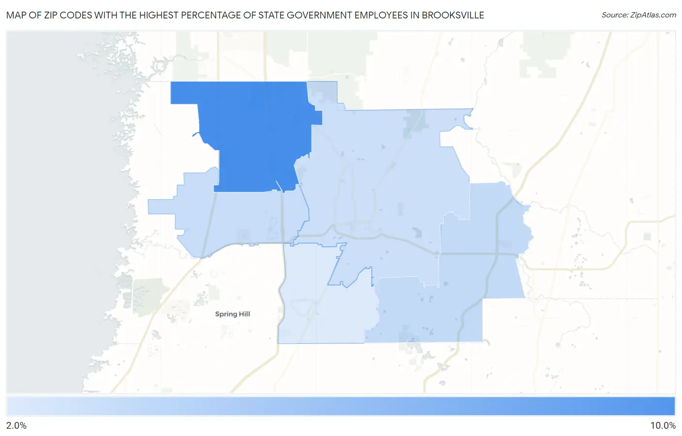Zip Codes with the Highest Percentage of State Government Employees in Brooksville Map