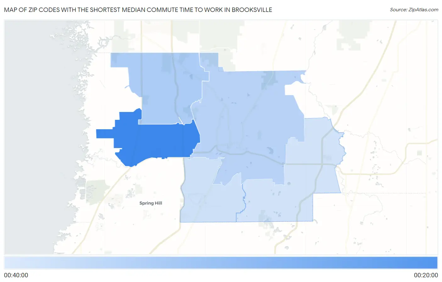 Zip Codes with the Shortest Median Commute Time to Work in Brooksville Map