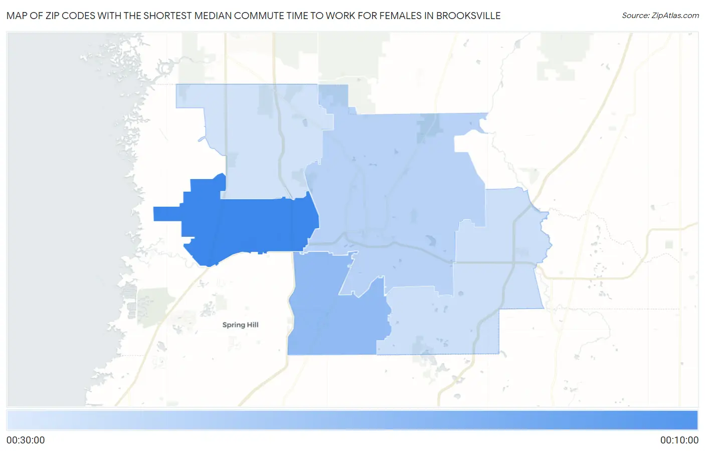 Zip Codes with the Shortest Median Commute Time to Work for Females in Brooksville Map