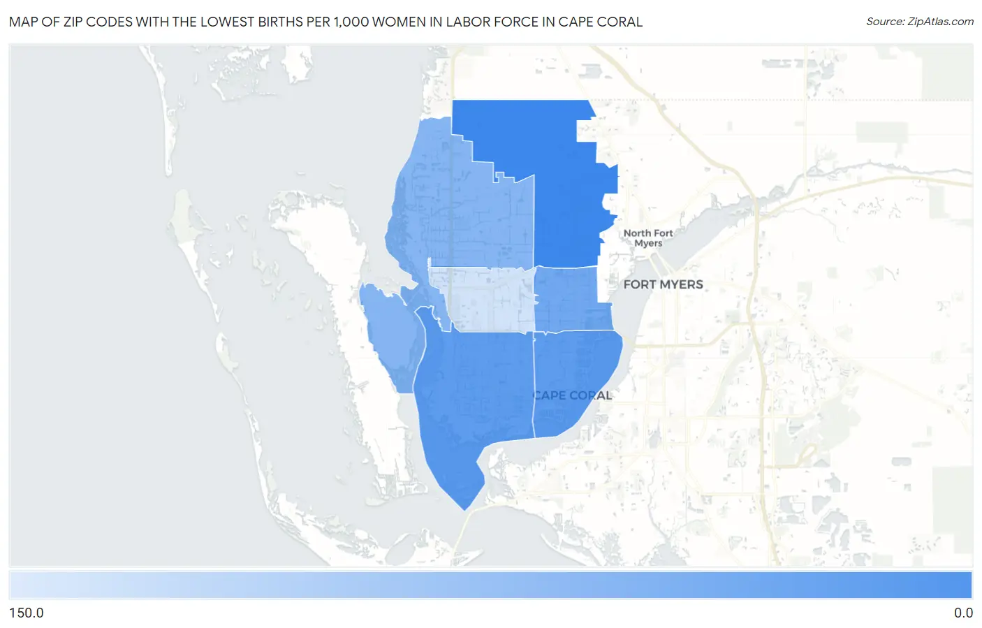 Zip Codes with the Lowest Births per 1,000 Women in Labor Force in Cape Coral Map