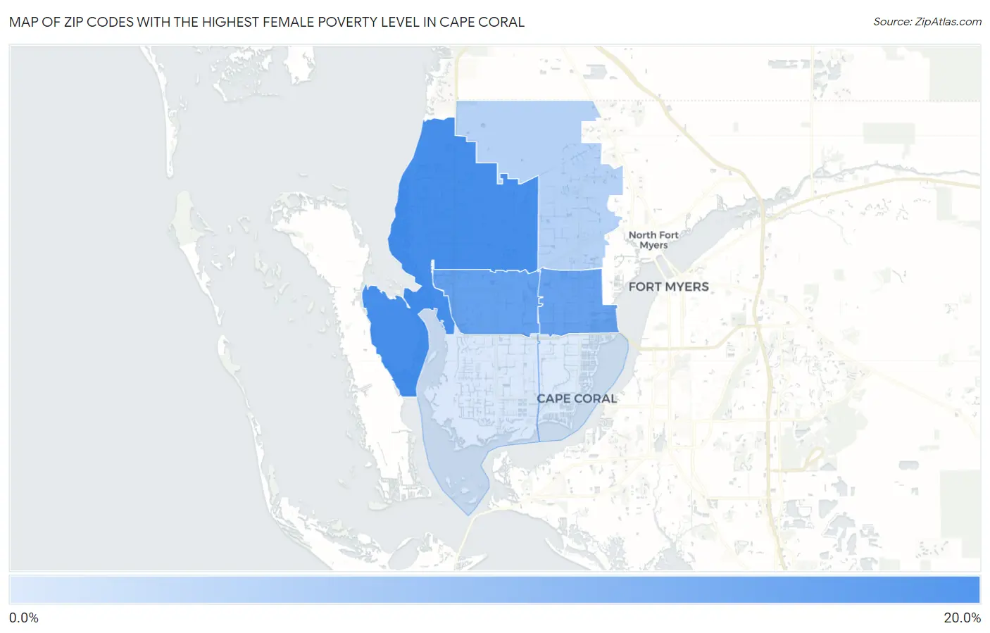 Zip Codes with the Highest Female Poverty Level in Cape Coral Map