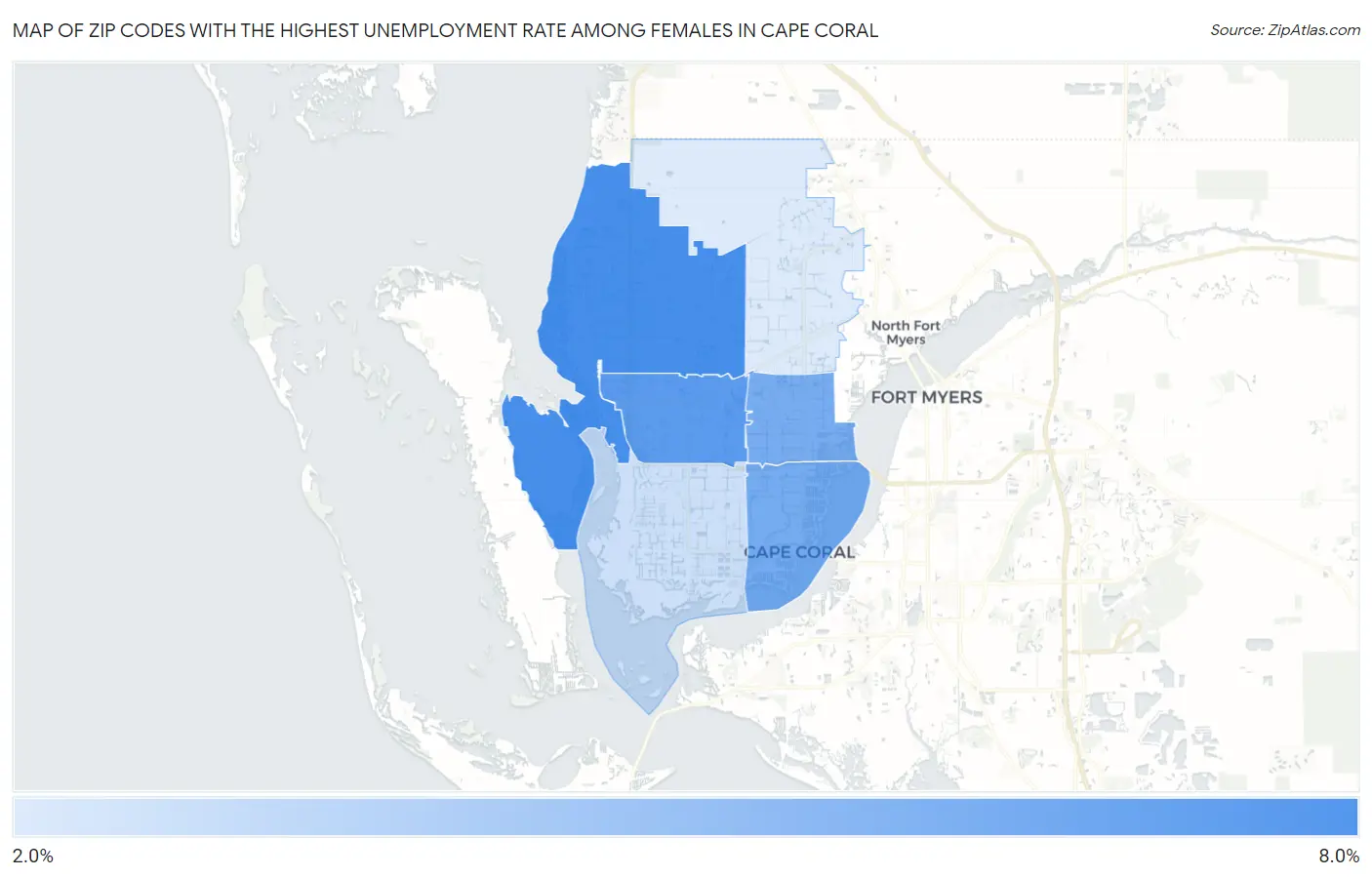 Zip Codes with the Highest Unemployment Rate Among Females in Cape Coral Map