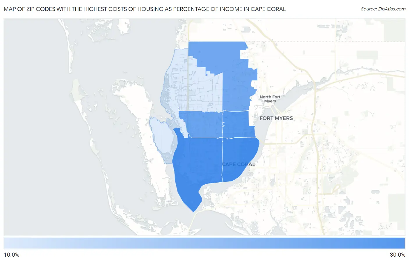 Zip Codes with the Highest Costs of Housing as Percentage of Income in Cape Coral Map