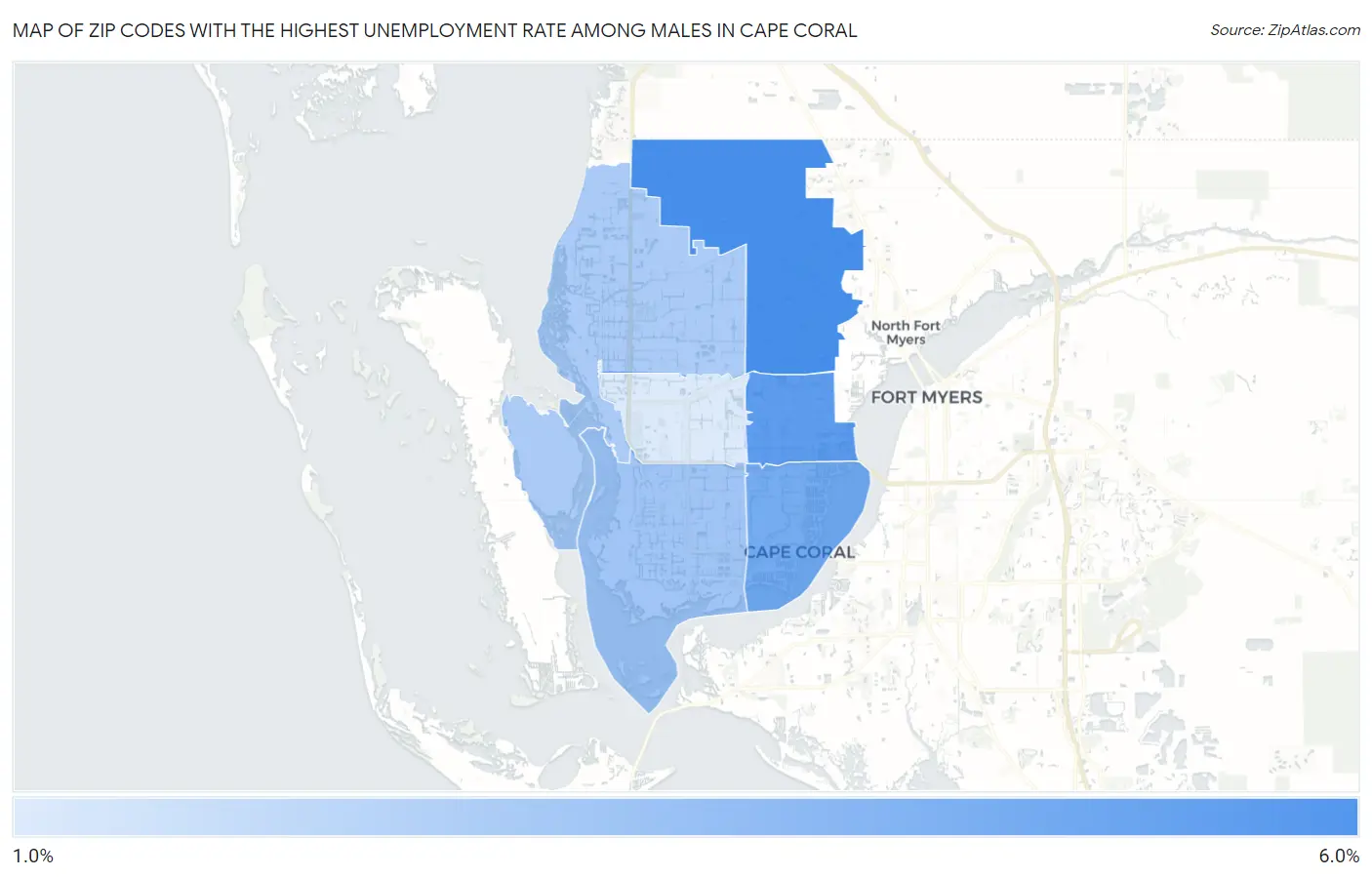 Zip Codes with the Highest Unemployment Rate Among Males in Cape Coral Map