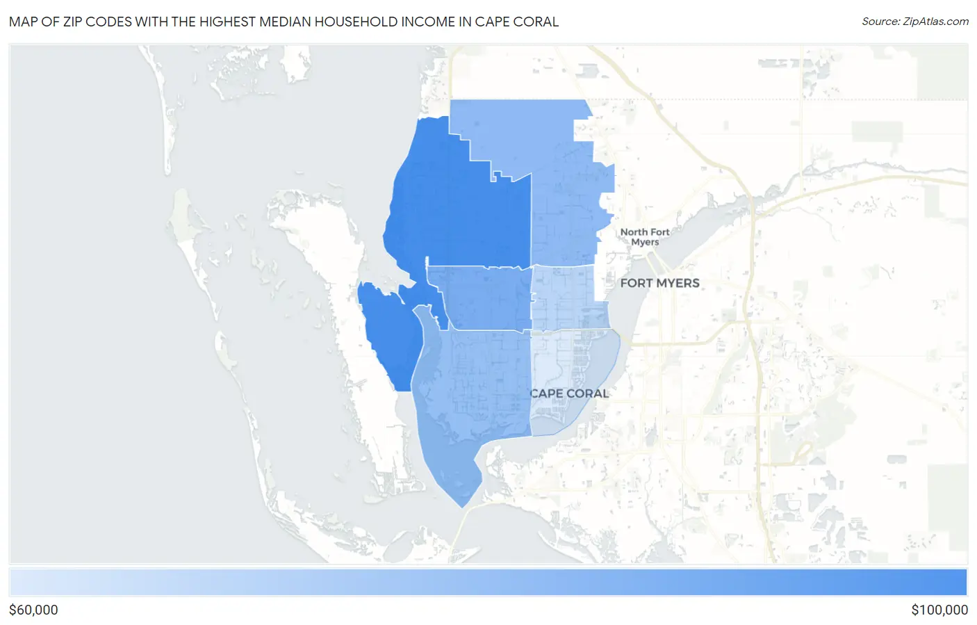 Zip Codes with the Highest Median Household Income in Cape Coral Map