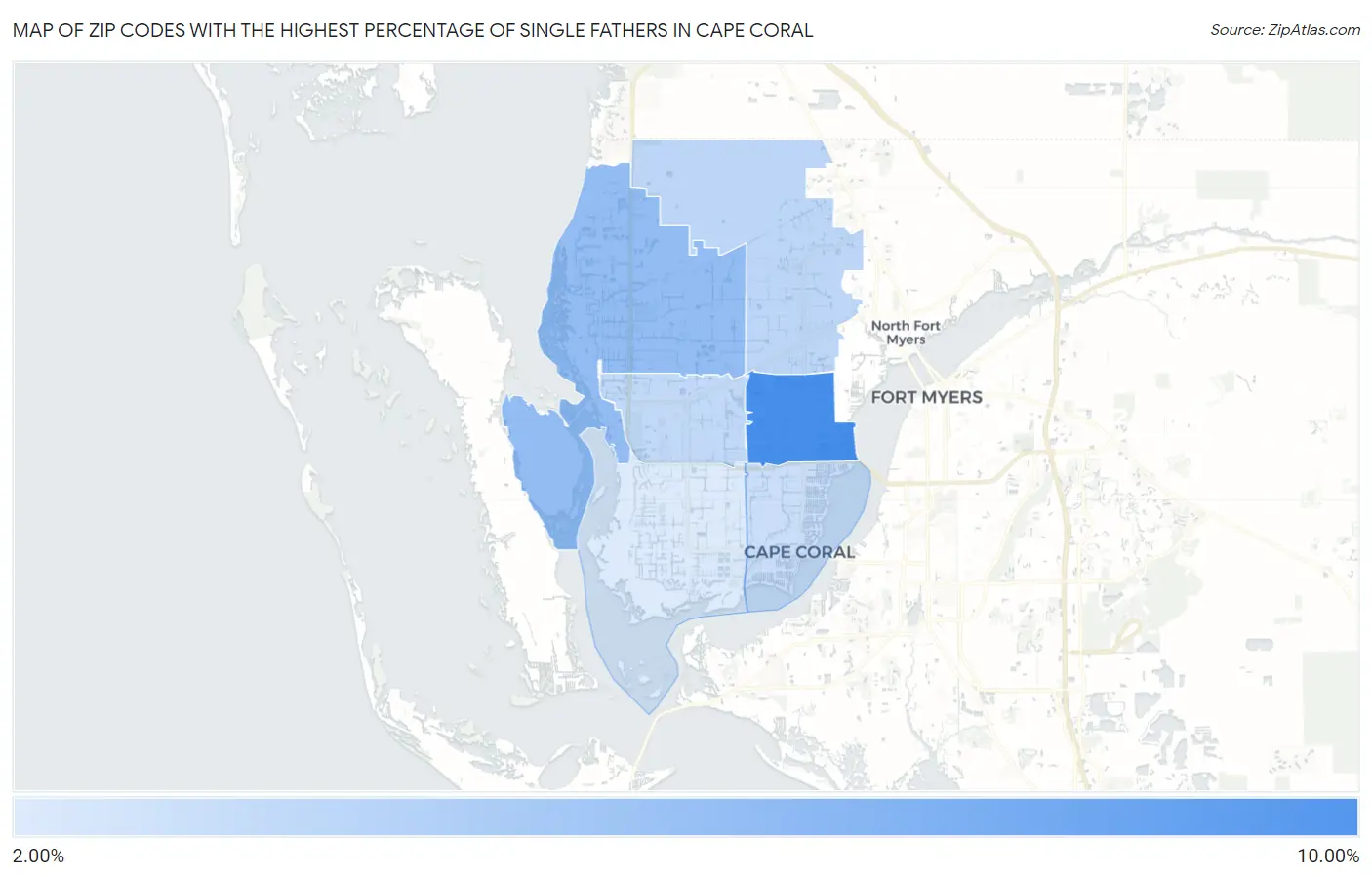 Zip Codes with the Highest Percentage of Single Fathers in Cape Coral Map