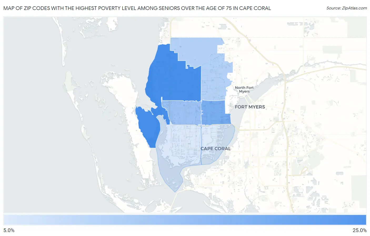 Zip Codes with the Highest Poverty Level Among Seniors Over the Age of 75 in Cape Coral Map
