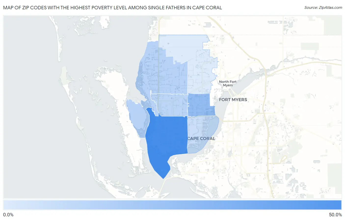 Zip Codes with the Highest Poverty Level Among Single Fathers in Cape Coral Map