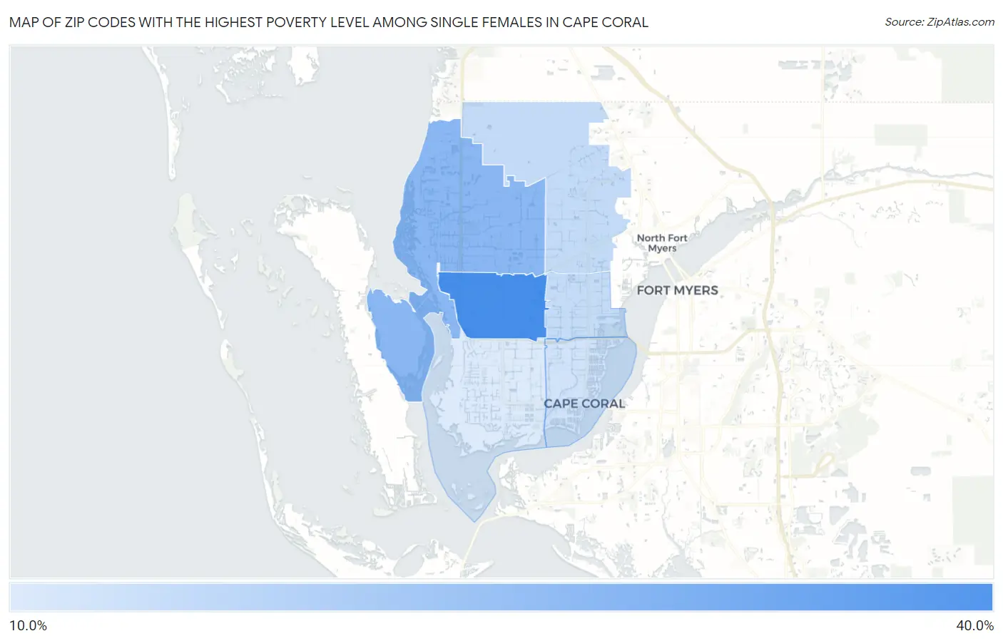 Zip Codes with the Highest Poverty Level Among Single Females in Cape Coral Map