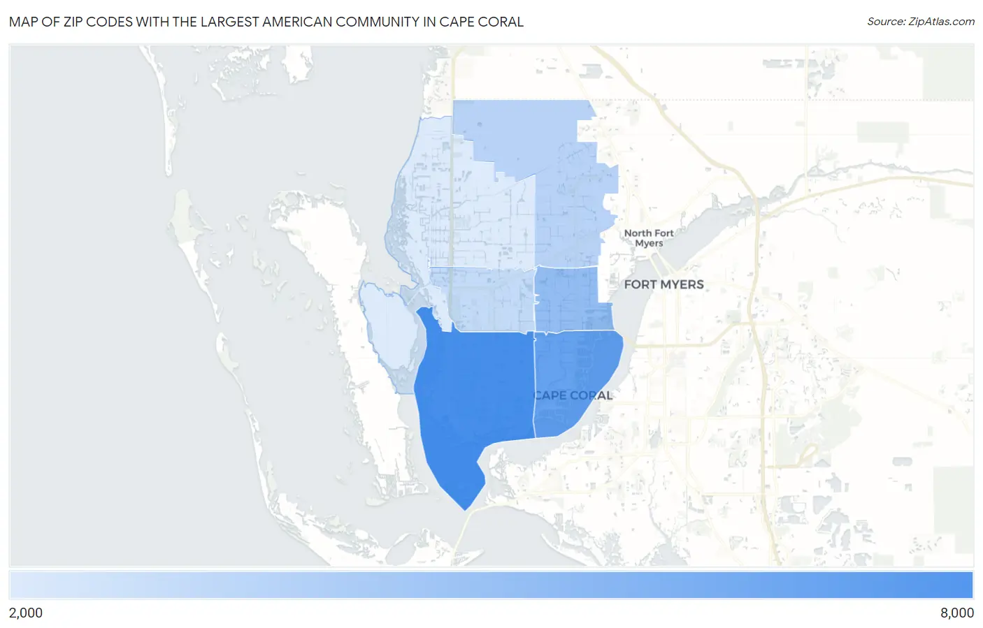 Zip Codes with the Largest American Community in Cape Coral Map