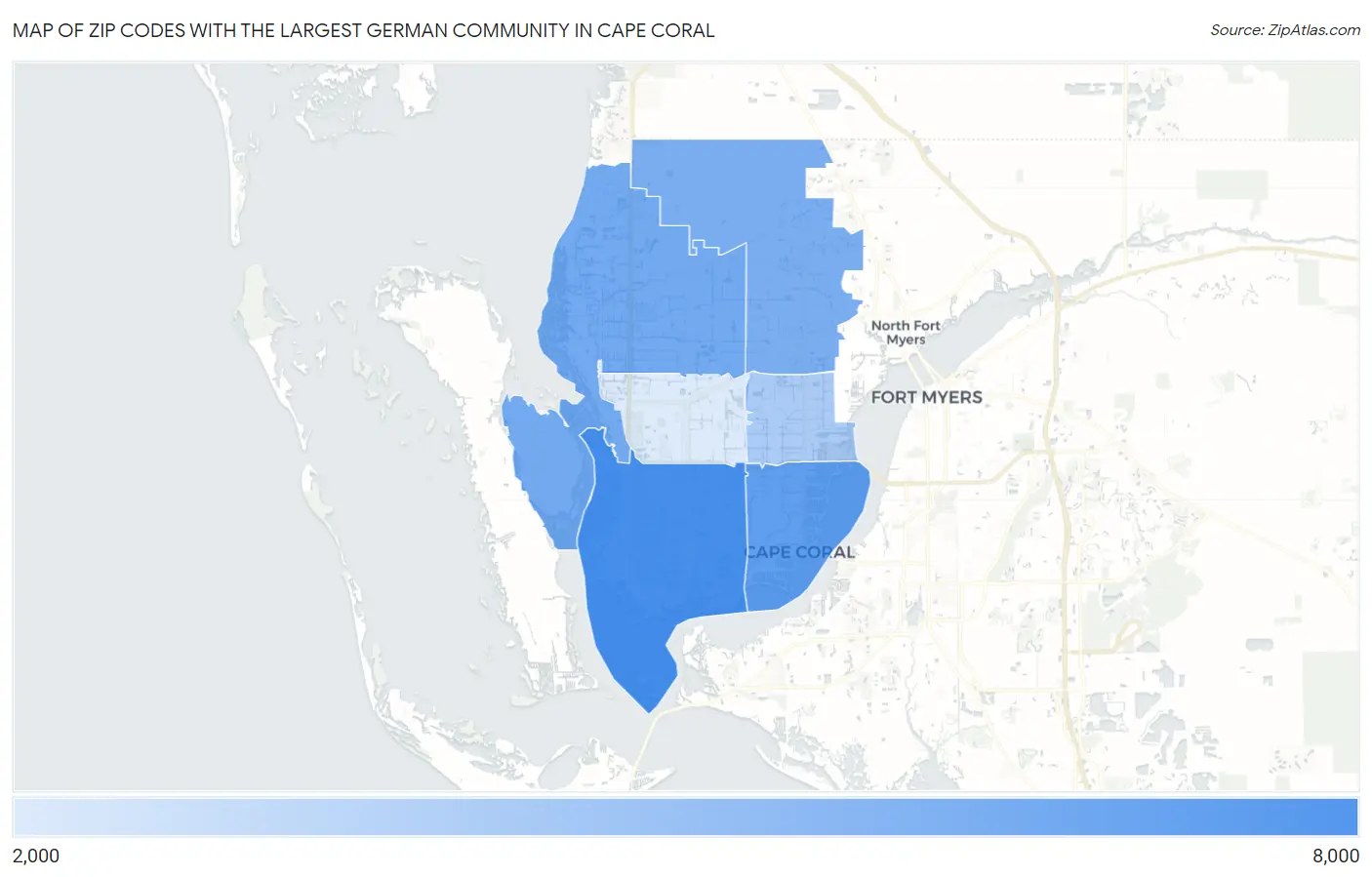 Zip Codes with the Largest German Community in Cape Coral Map
