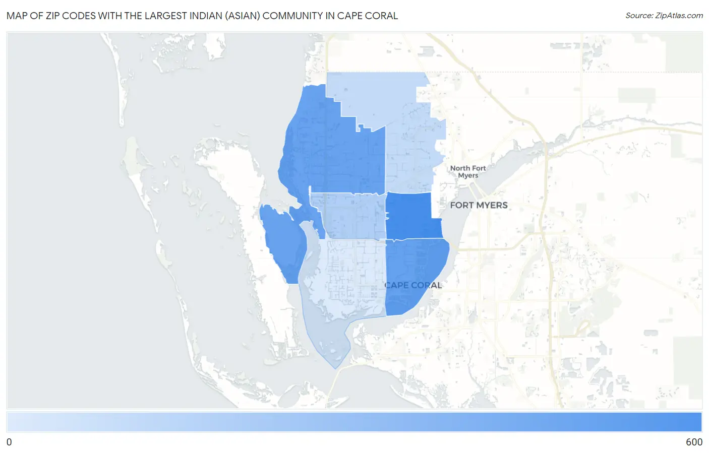 Zip Codes with the Largest Indian (Asian) Community in Cape Coral Map