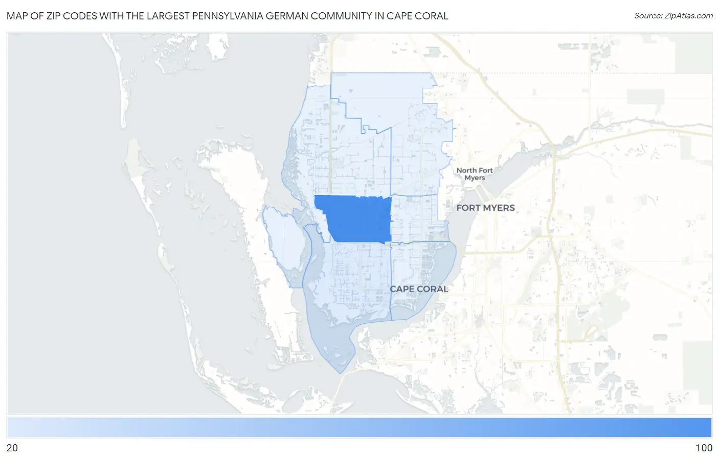 Zip Codes with the Largest Pennsylvania German Community in Cape Coral Map