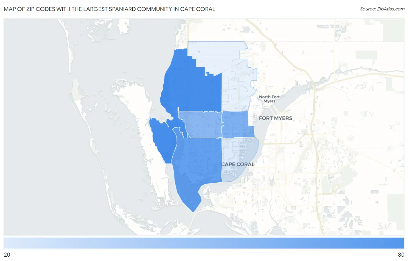 Zip Codes with the Largest Spaniard Community in Cape Coral Map