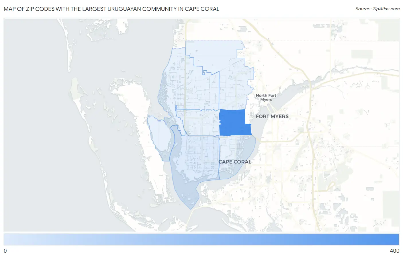 Zip Codes with the Largest Uruguayan Community in Cape Coral Map
