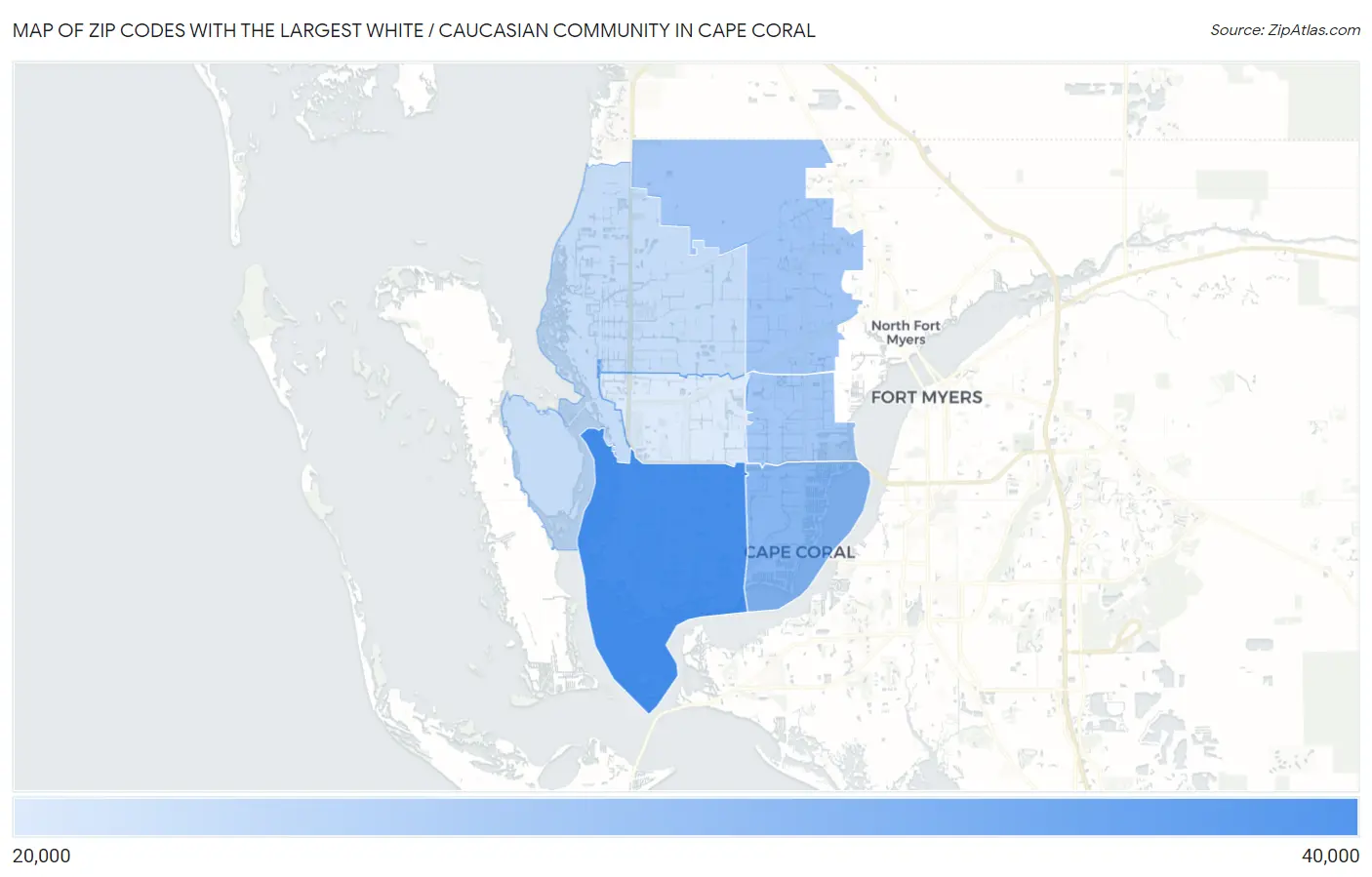 Zip Codes with the Largest White / Caucasian Community in Cape Coral Map