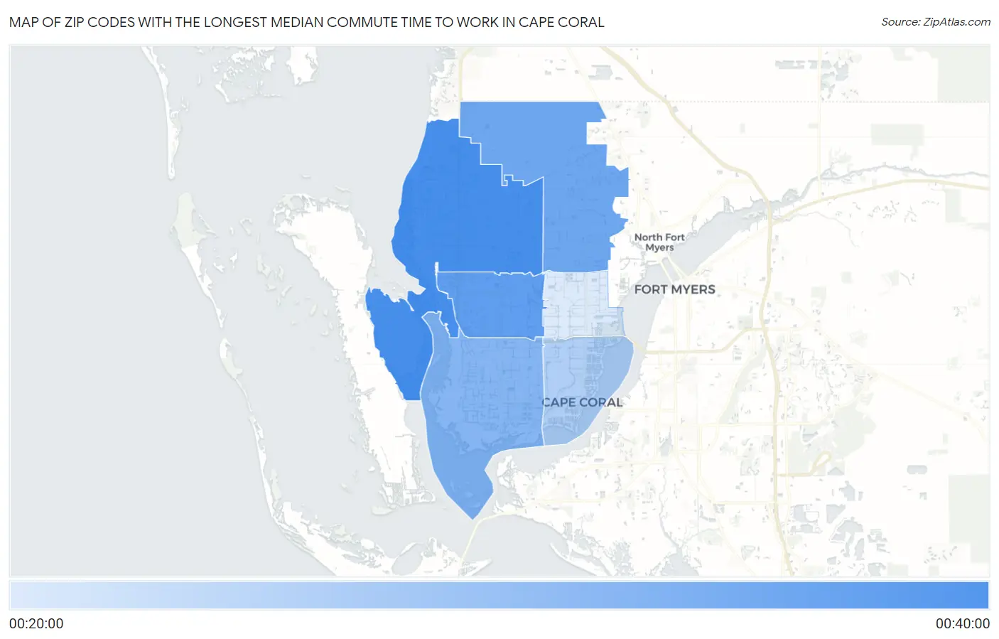 Zip Codes with the Longest Median Commute Time to Work in Cape Coral Map