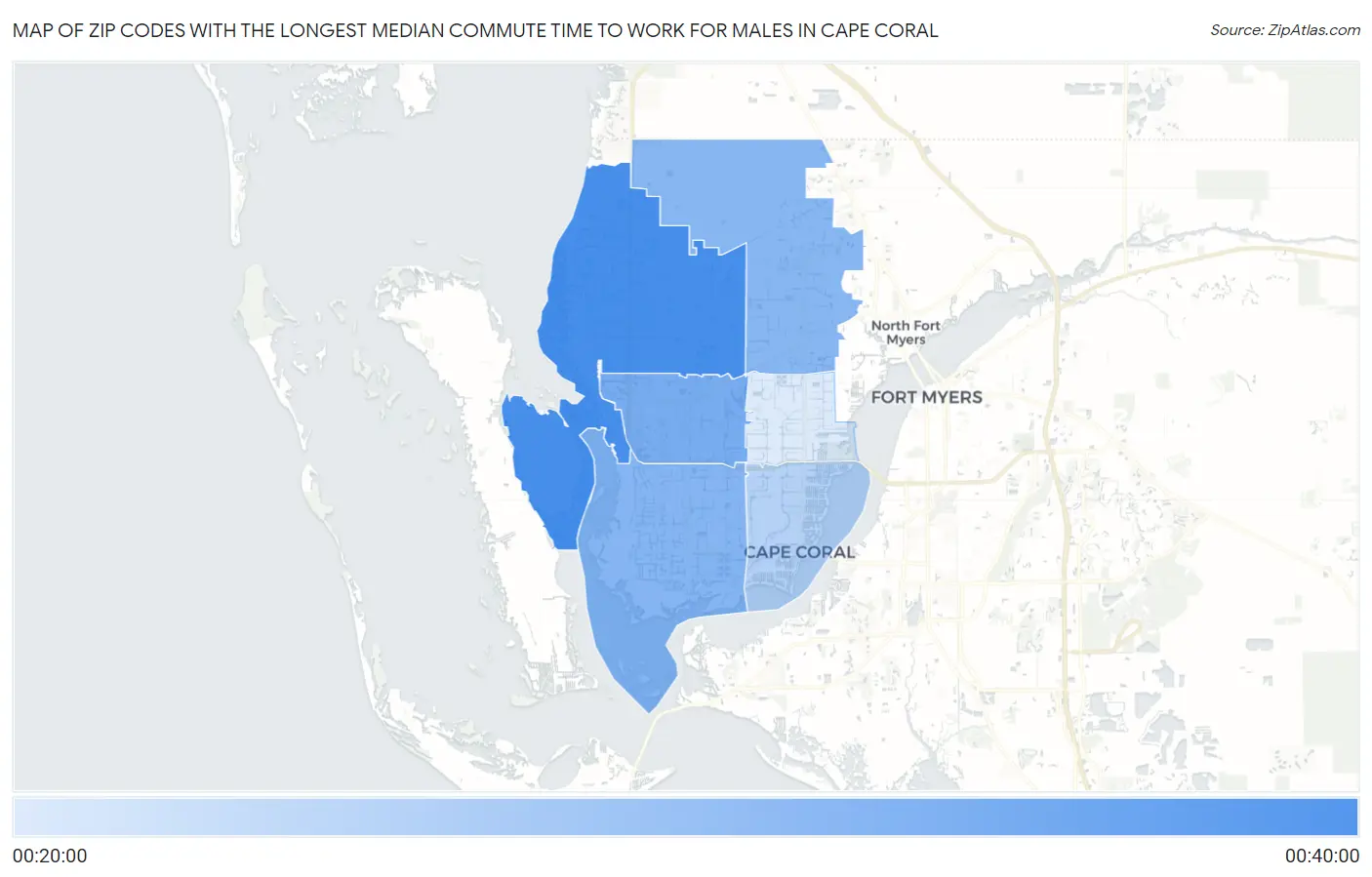 Zip Codes with the Longest Median Commute Time to Work for Males in Cape Coral Map