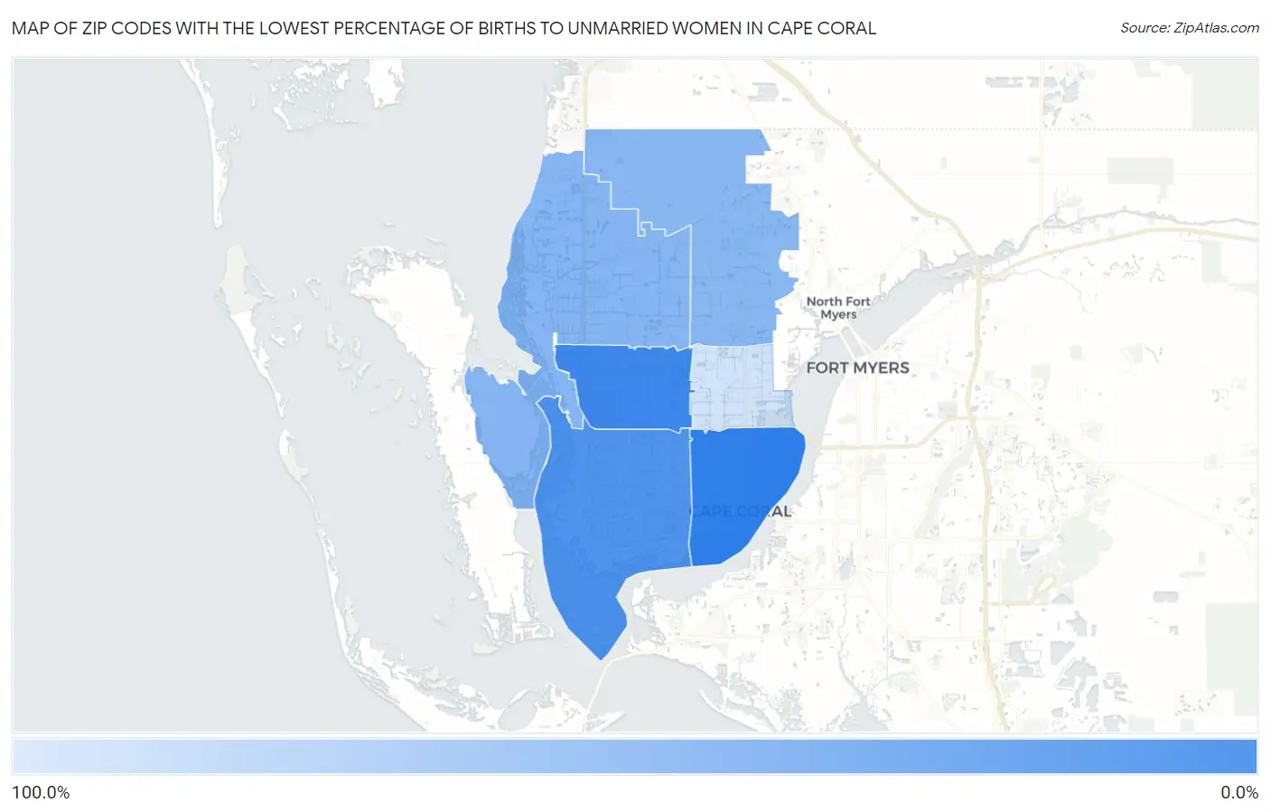 Zip Codes with the Lowest Percentage of Births to Unmarried Women in Cape Coral Map