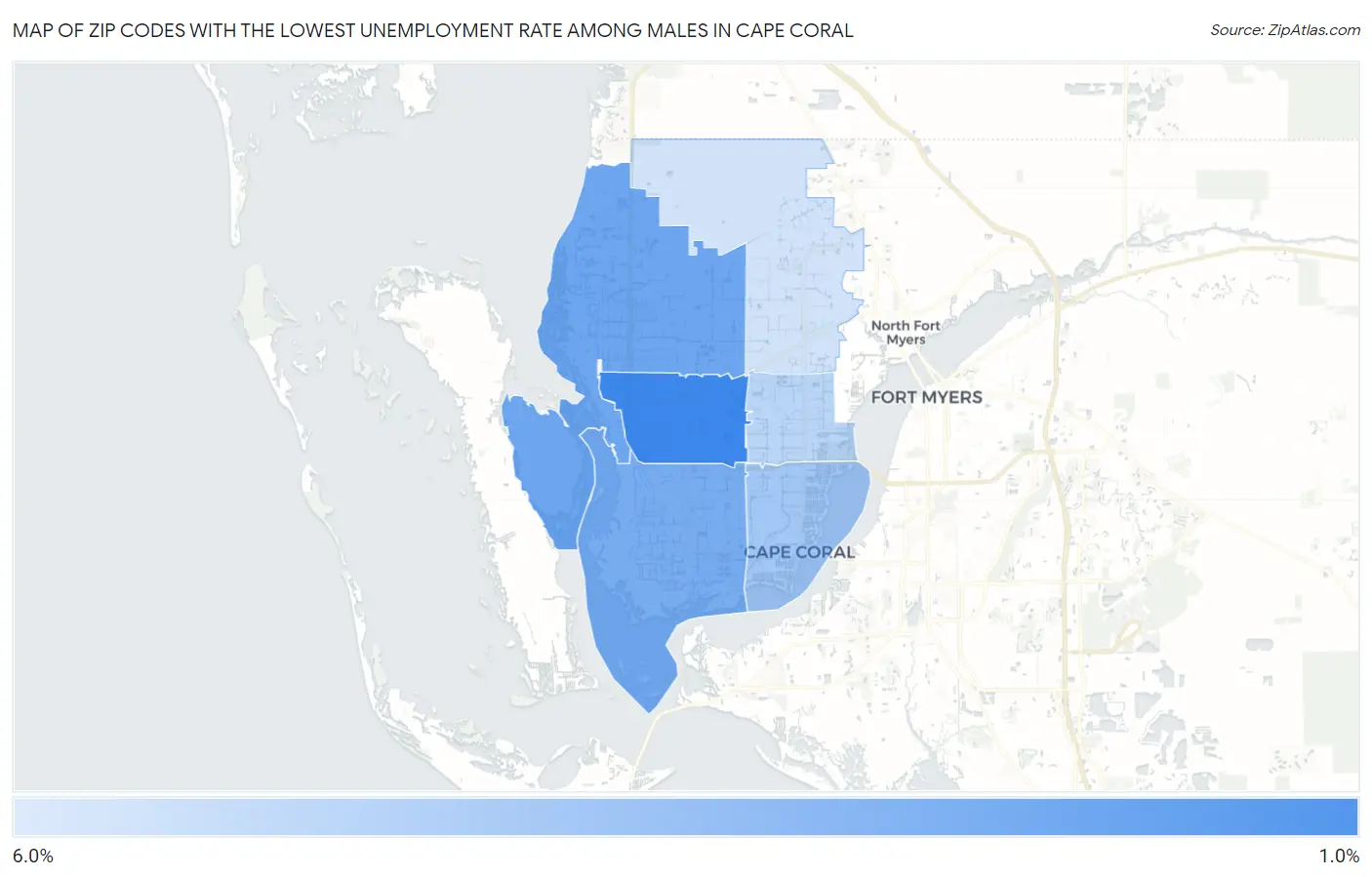 Zip Codes with the Lowest Unemployment Rate Among Males in Cape Coral Map
