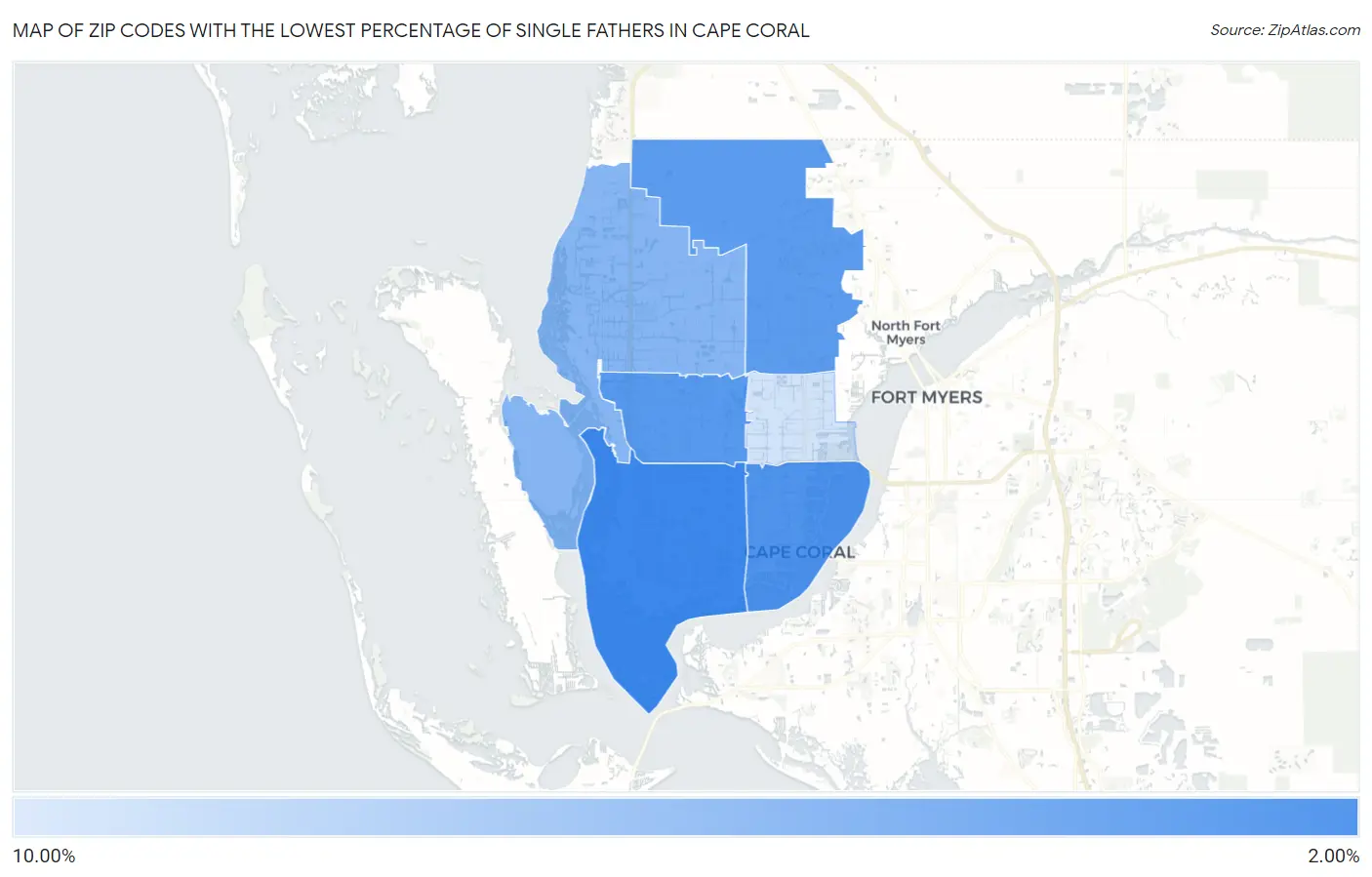 Zip Codes with the Lowest Percentage of Single Fathers in Cape Coral Map
