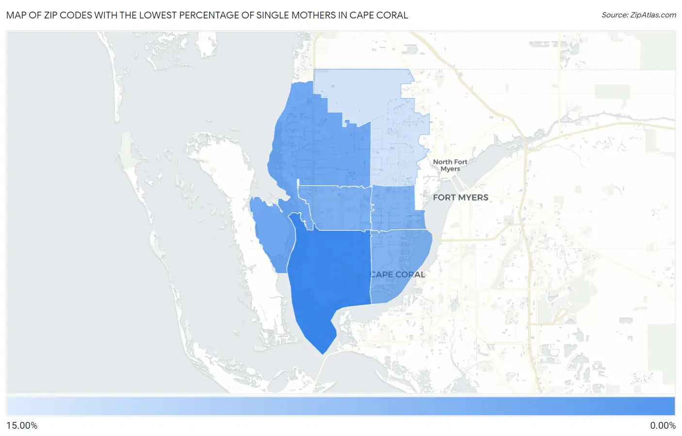 Zip Codes with the Lowest Percentage of Single Mothers in Cape Coral Map