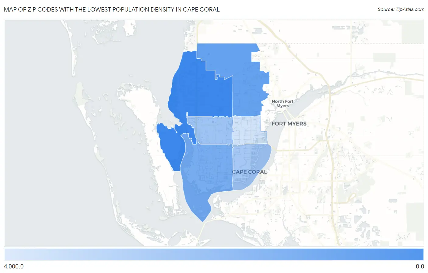 Zip Codes with the Lowest Population Density in Cape Coral Map