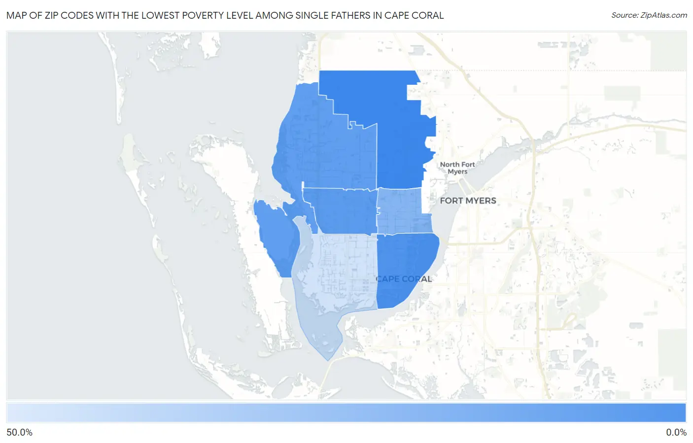 Zip Codes with the Lowest Poverty Level Among Single Fathers in Cape Coral Map