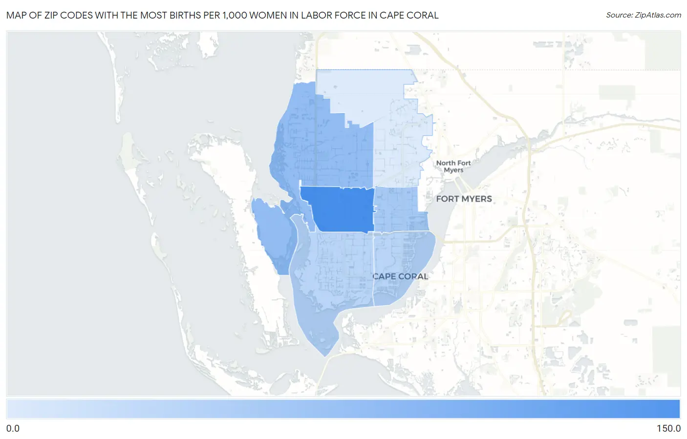 Zip Codes with the Most Births per 1,000 Women in Labor Force in Cape Coral Map